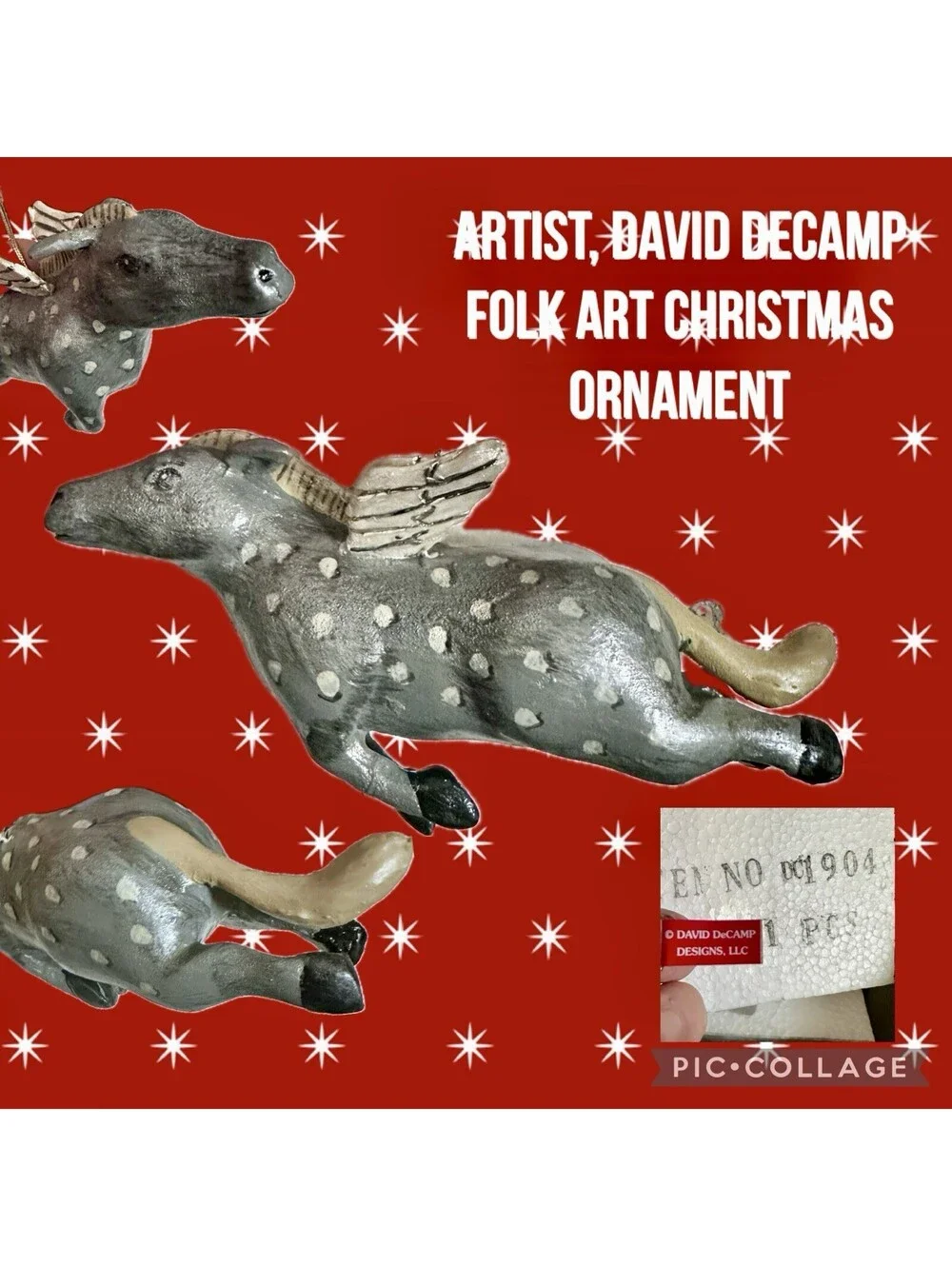 Vintage NOS 6” Flying Donkey Folk Art Christmas Ornament ~ David DeCamp Artist